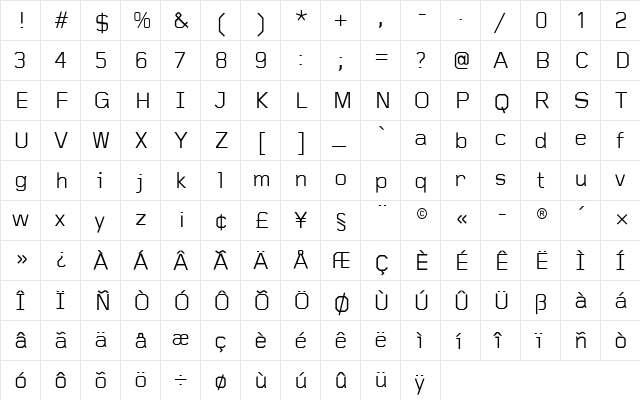 Gridnik Regular  glyph index