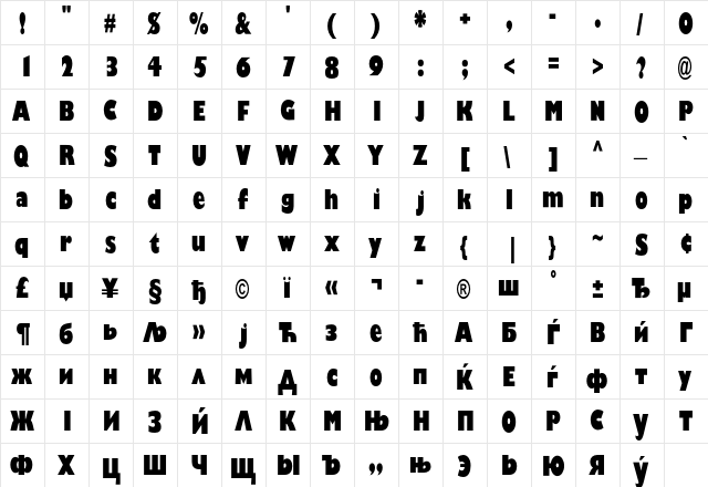GillSansSA-UltraBoldCondenced Regular  glyph index