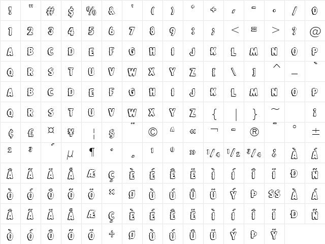 StoneAge BT Regular  glyph index