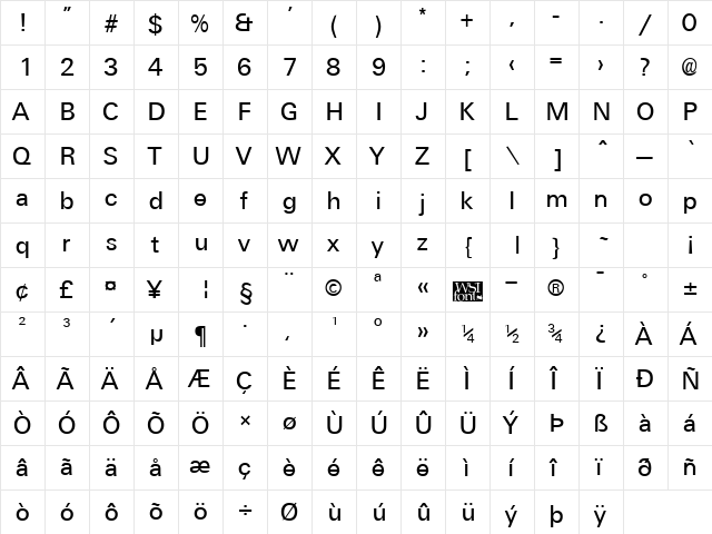 Universal Regular  glyph index