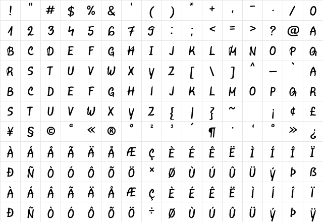 Marvelous Rex Regular Regular  glyph index