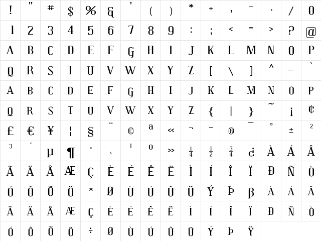 Covington SC Exp Regular  glyph index