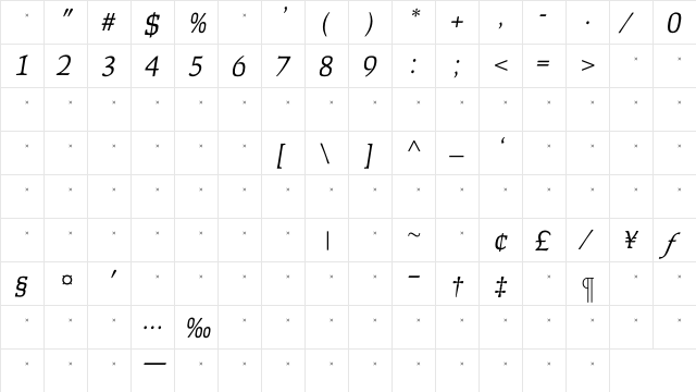 FaustLightItalicTab Regular  glyph index