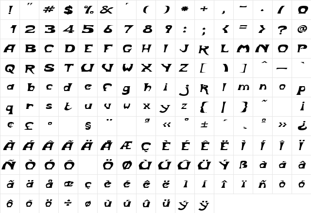 BodyShopExtended Oblique  glyph index