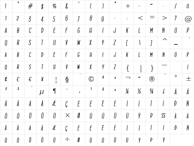 ConcursoItalian BTN Oblique  glyph index