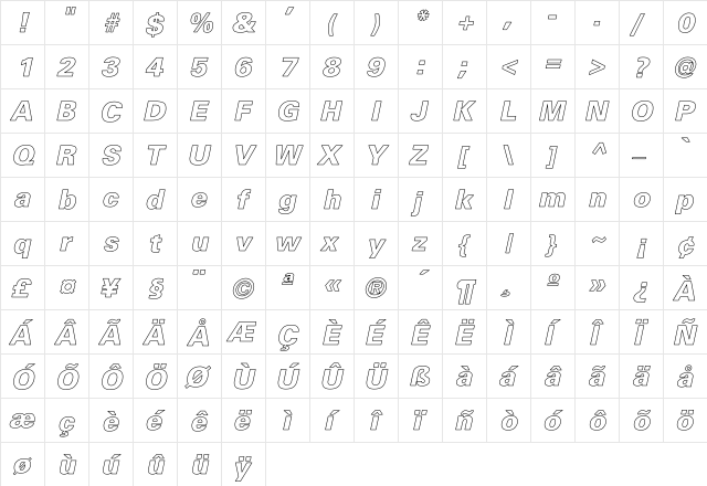 Univers-Black-Italic Hollow Regular  glyph index
