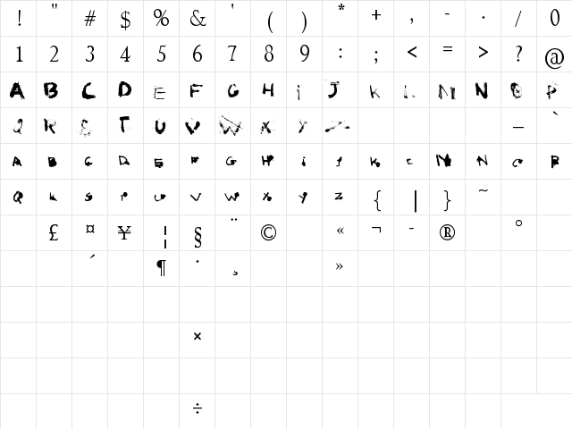 I love Grunge Regular  glyph index
