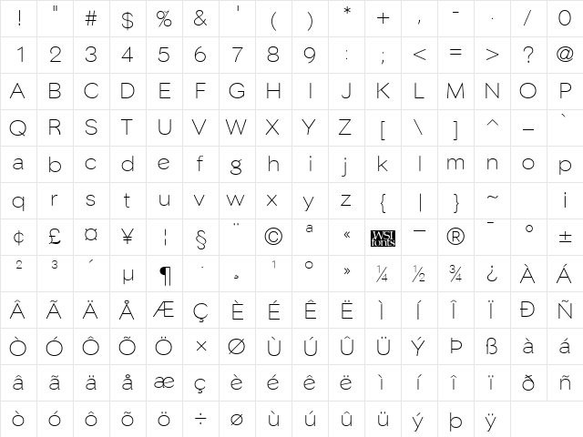 PhinsterFine Regular  glyph index
