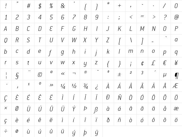 Conduit ITC ExtraLight Italic  glyph index