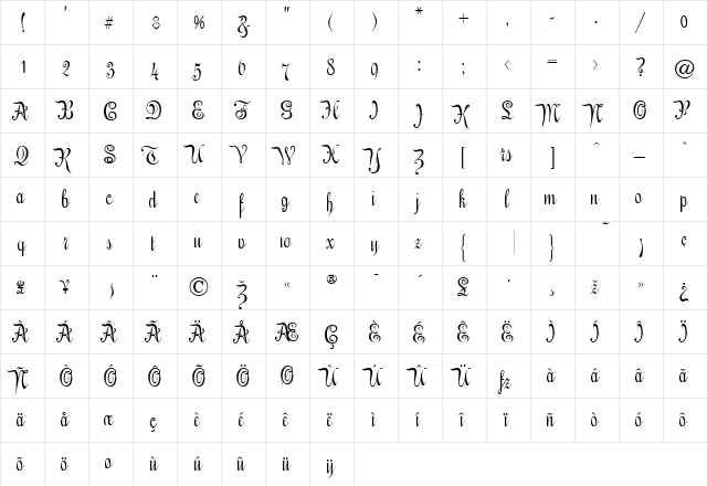 EngrossingScript Regular  glyph index