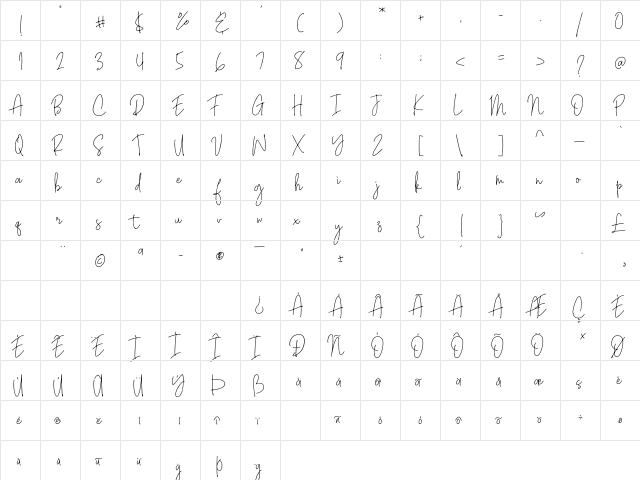 Bianka Script Regular  glyph index