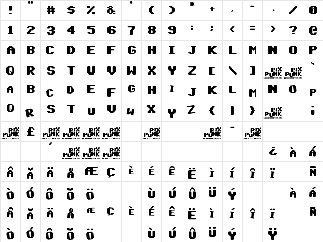 pix punk Regular  glyph index