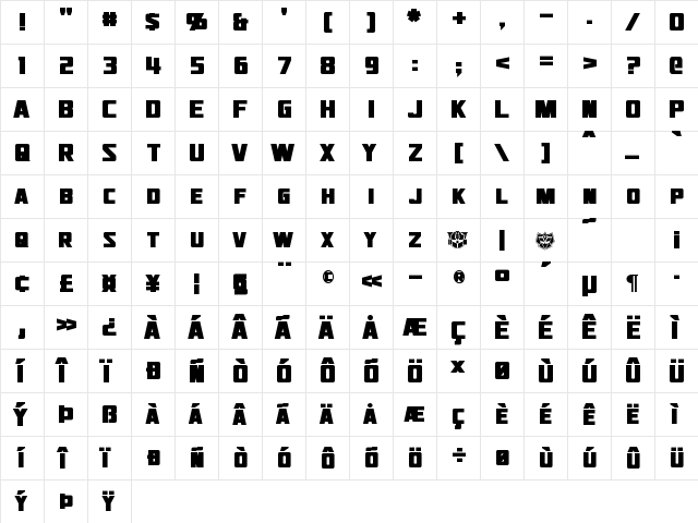 Jhiaxus Bold  glyph index