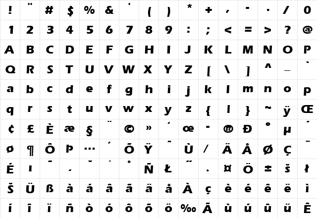 ItcEras-Bold Regular  glyph index