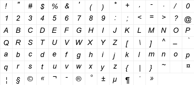Arial Cyr Italic  glyph index