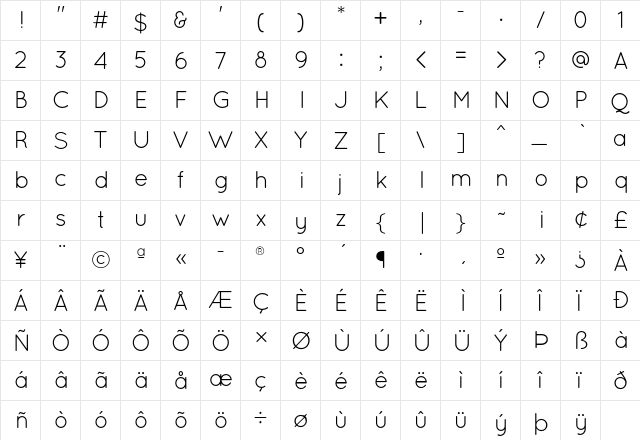 Quicksand Book  glyph index