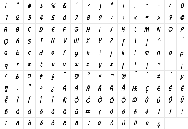 Bimini Condensed Bold Italic  glyph index