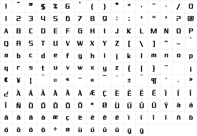 SF Theramin Gothic Bold  glyph index