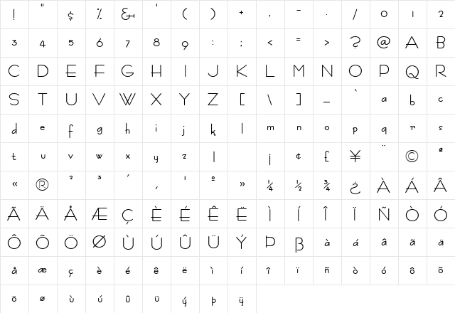 Fashion Bold  glyph index