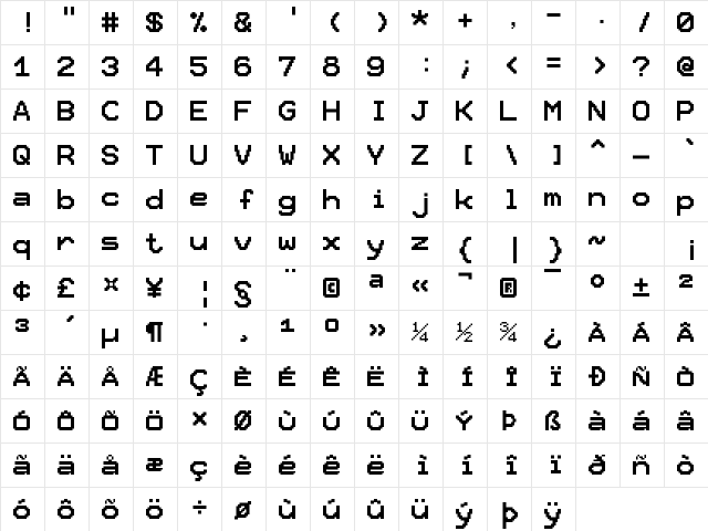 Pixel12x10 Medium  glyph index