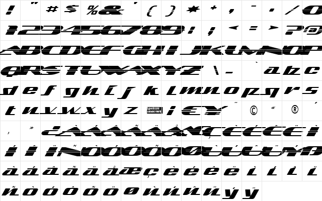 Sandoval Speed Regular  glyph index