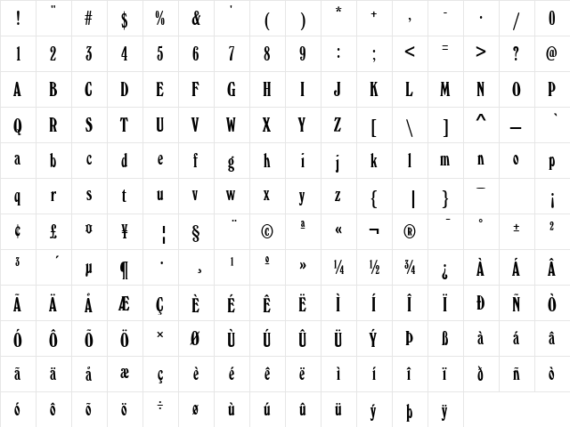 Windsor Elongated REGULAR  glyph index