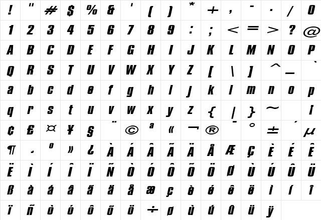 Commador Extended Italic  glyph index