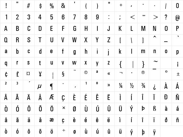 Univers Condensed Medium  glyph index