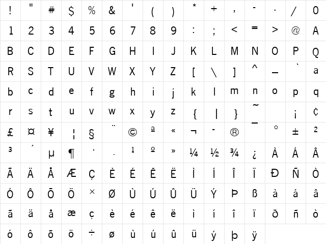 News Gothic Becker No 2 Regular  glyph index