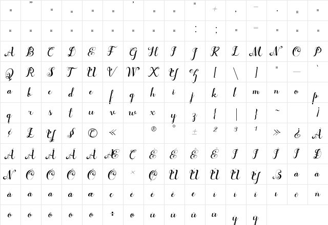 Syarena Regular  glyph index