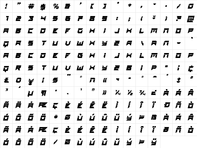 Dagger Dancer Laser Italic Regular  glyph index