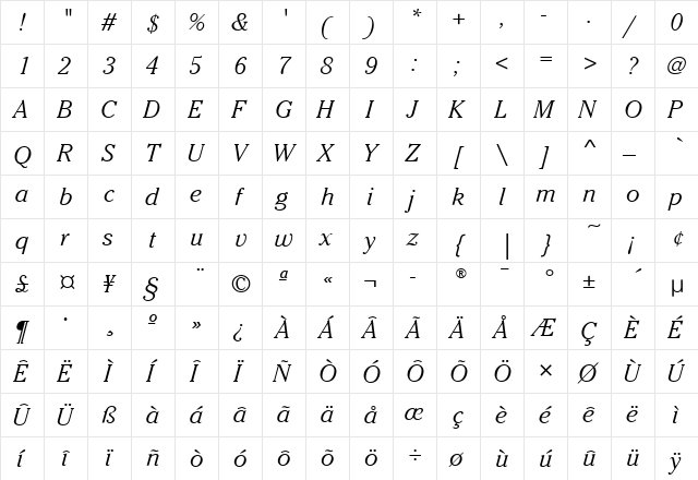 CheltenhamITC Light Italic  glyph index
