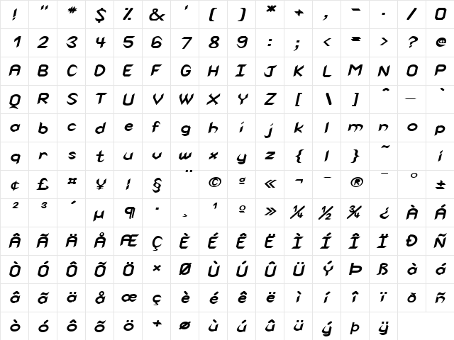 Spike-Extended Bold Italic  glyph index