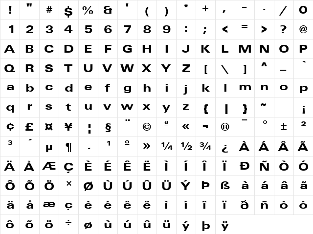 Unique Extended BOLD  glyph index