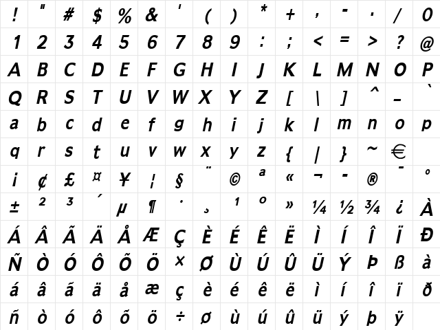 AdamsCondensed BoldItalic  glyph index