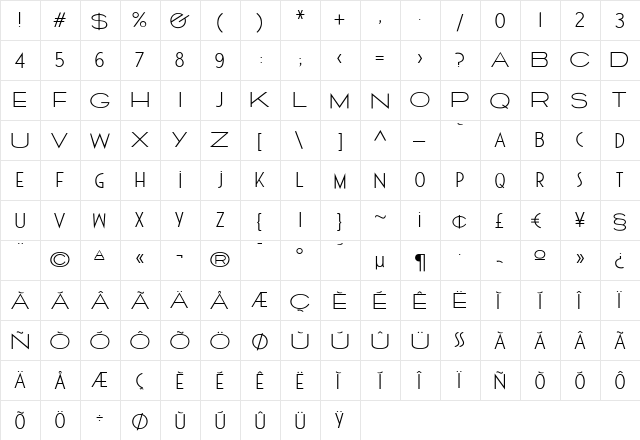 Cassandra Thin Regular  glyph index
