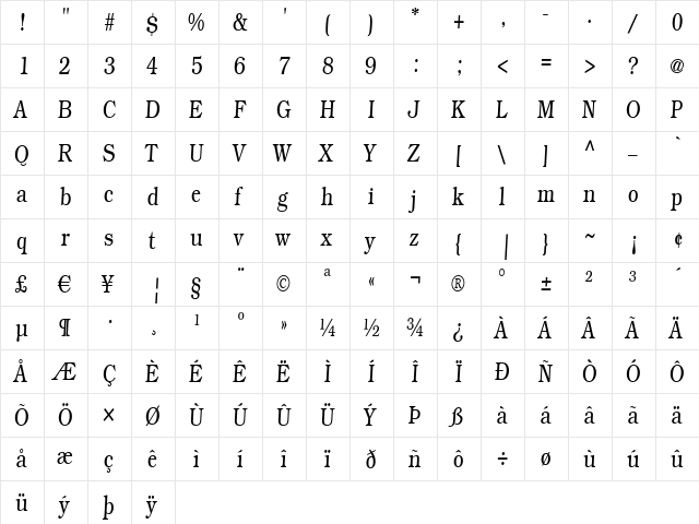 WeekdaysRomanSlant Regular  glyph index