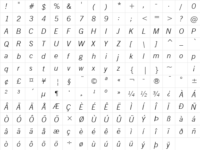 NewsGoth Lt BT Light Italic  glyph index