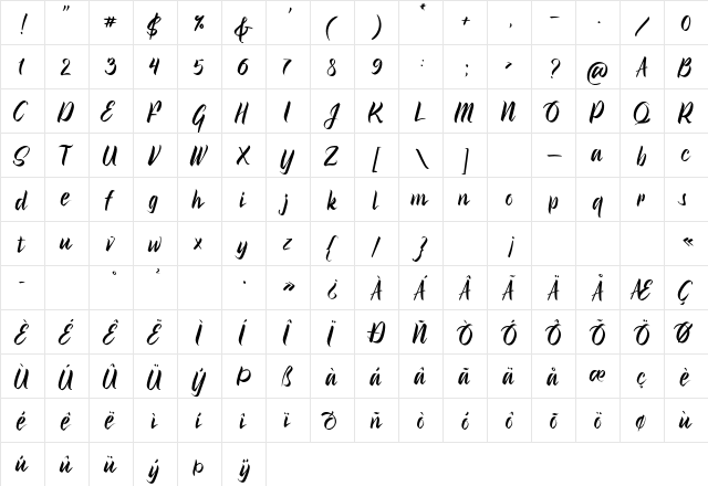 Brush Fila Regular  glyph index