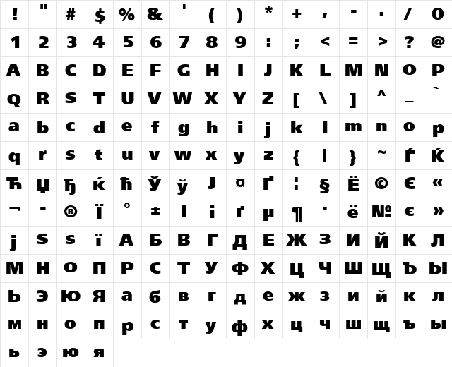 FreeSetBlackC Regular  glyph index