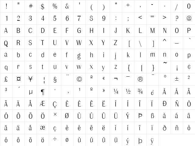 Britannic D Regular  glyph index