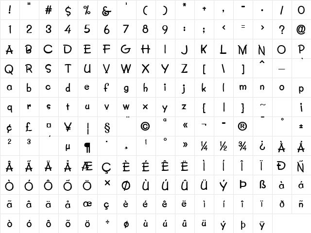 Crayon Bold  glyph index