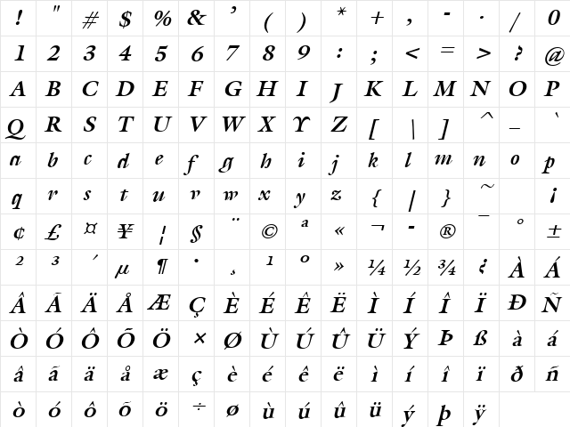 Joulliard Bold Italic  glyph index