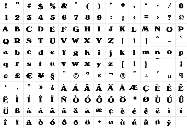 VeronaSerial-Heavy Regular  glyph index