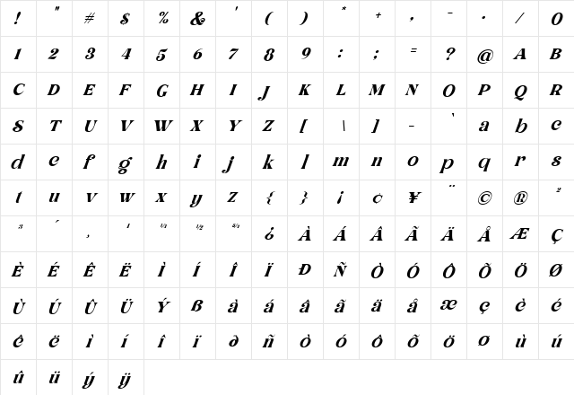 Hellowin Italic  glyph index