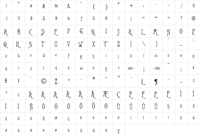 Glorietta Regular  glyph index