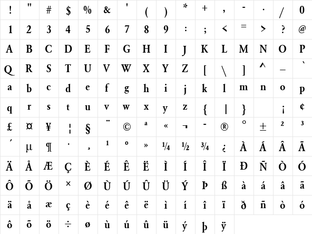 URWGaramondTDemExtNar Regular  glyph index