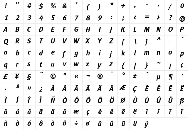 MetaBoldTurkLF Italic  glyph index