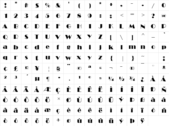 Broadway Becker Regular  glyph index