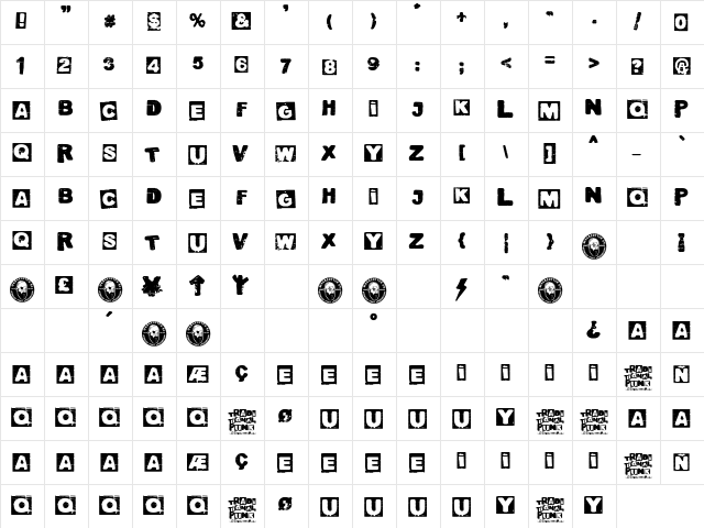 Traditional Punk Regular  glyph index